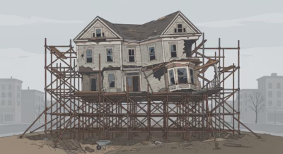 House Being Held up by Scaffloding